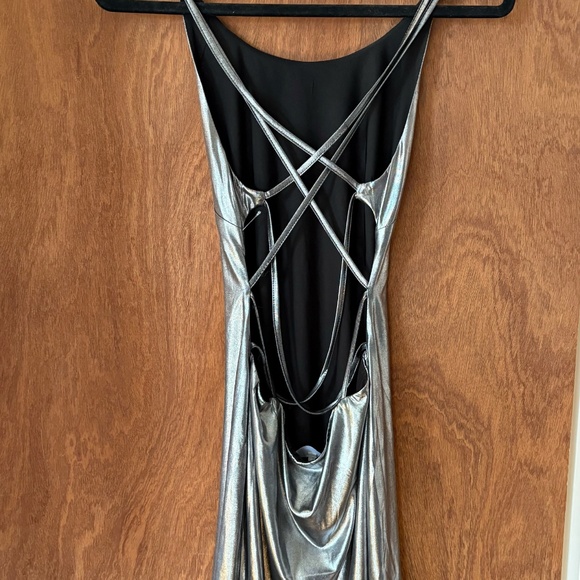 by the way. Silver Metallic Strappy Mini Dress • Open Back Cowl Detail • Size M - Picture 2 of 3